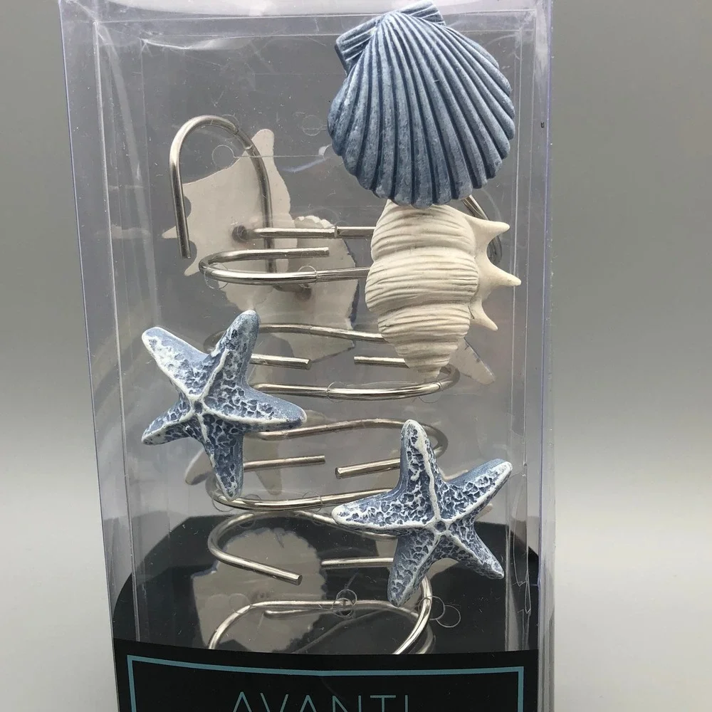 Avanti Home Abstract Coastal Shower Curtain Hooks Set of 12 Blue White‎ Beach